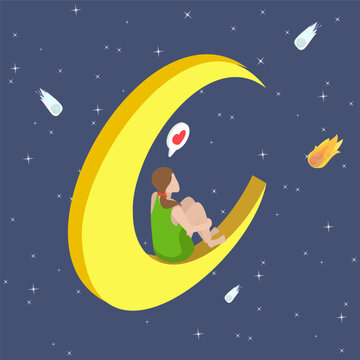 3D Isometric Flat Vector Illustration of Dreaming In Starfall, Woman Gazes At Star-Filled Sky, Seated On Crescent, Wishing On Shooting Stars.