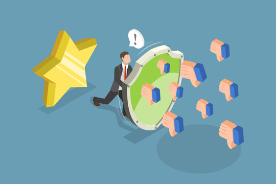 3D Isometric Flat Vector Illustration of Brand Protection, Safeguarding From Negative Customer Feedback With Marketing Strategy