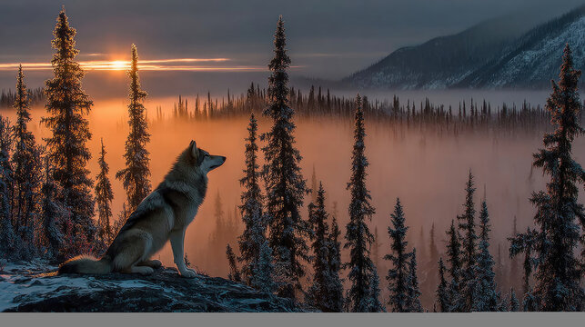 Lone wolf sits on a rocky outcrop overlooking a misty forest at sunrise.