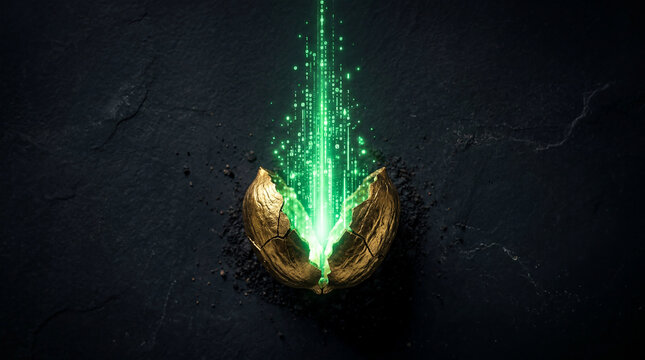 Beautiful Golden Seed Cracking Open To Reveal A Glowing Green Data Stream Rising Upwards Digitally