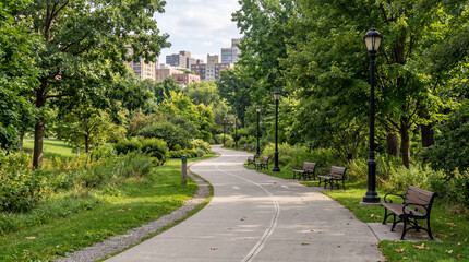 Naklejka premium Scenic Urban Park Concrete Walking Trail Surrounded By Green Trees Benches And Classic Street Lights