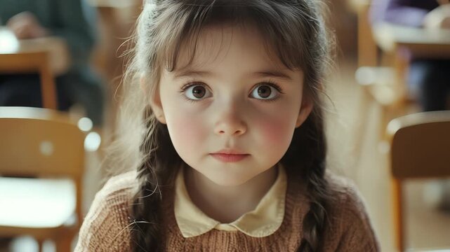 A young girl with a concerned look on her face seated in a classroom setting.