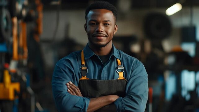 A man with crossed arms stands confidently in a workshop environment. He is dressed in work clothes and appears to be focused or waiting.