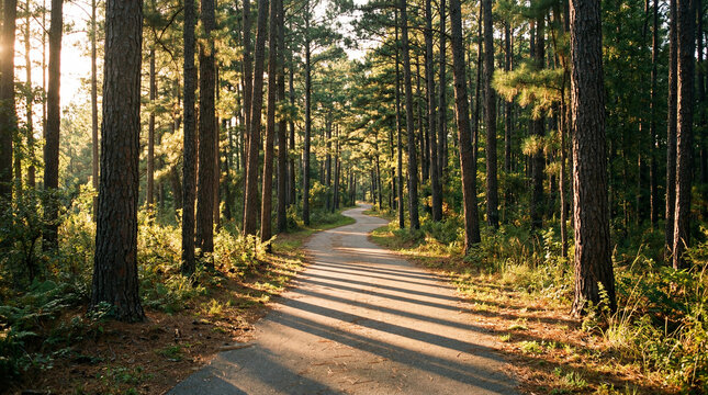 Scenic Sunlit Jogging Track Lined With Majestic Tall Pine Trees Casting Long Ground Shadows Outdoors