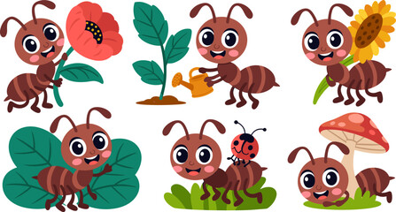 Fototapeta premium Cute cartoon ants gardening and interacting with nature