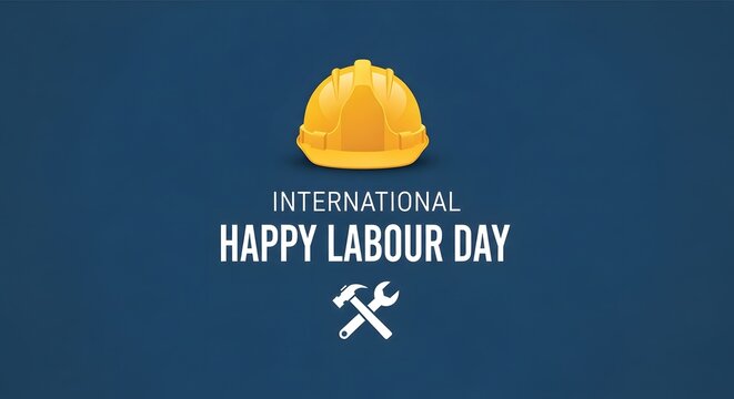 International happy labour day celebration with yellow hard hat and tools