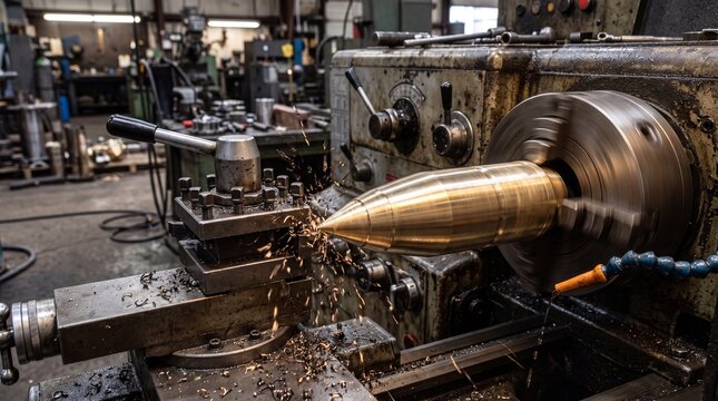 Automated metal manufacturing lathe system machining aerodynamic tip onto solid brass weapon component close up