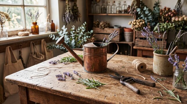 Vintage wooden table used for making bouquets with antique copper watering can shears scattered flowers