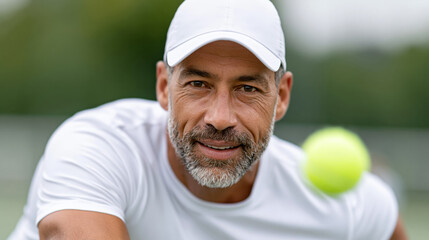 Fototapeta premium Caucasian mature male playing tennis outdoors in white attire and cap