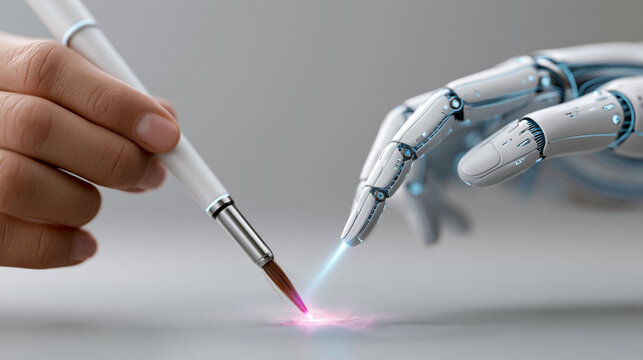 Human hand and robotic hand collaborating in artistic creation