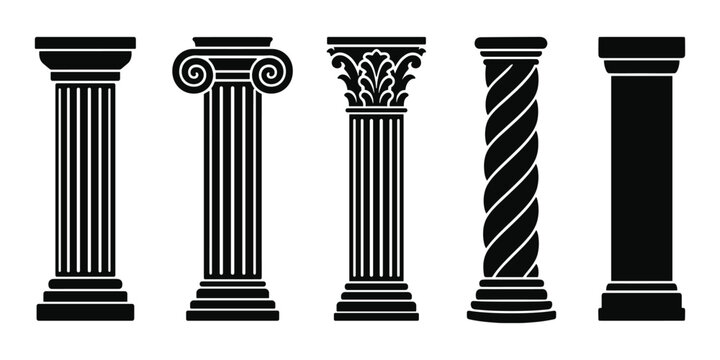 Architectural column collection featuring classic greek and roman styles in black design.