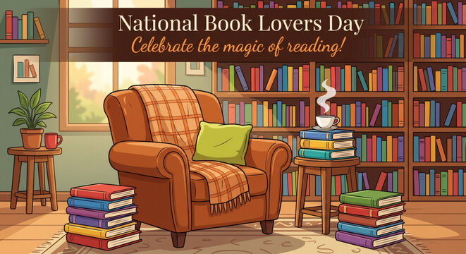 Cozy reading nook, bookshelves, National Book Lovers Day, comfortable armchair, literary space