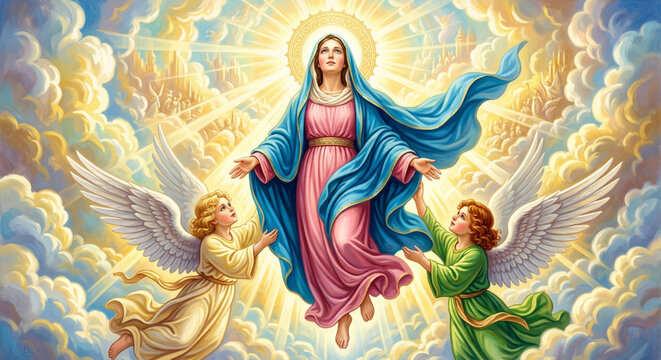Virgin Mary, Ascension, Angels, Heavenly Scene, Religious Icon, Christian Art