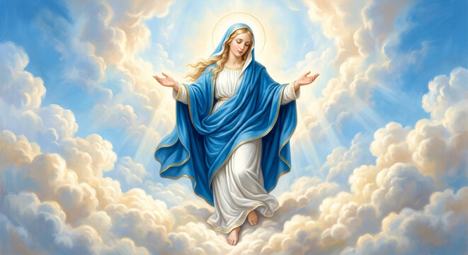 Virgin Mary, ascension, holy spirit, blue robe, clouds, religious icon, sacred