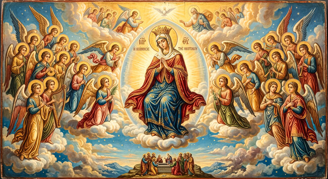 Vibrant religious icon, Virgin Mary surrounded by angels, heavenly scene, blue and gold hues