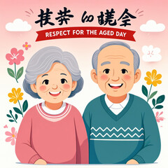 Elderly couple, smiling seniors, Respect for the Aged Day, cartoon illustration, pink and green