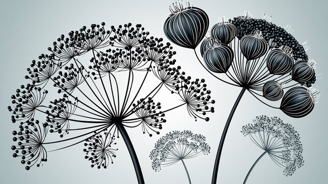 Black silhouette of wild umbellifer flowers on light background