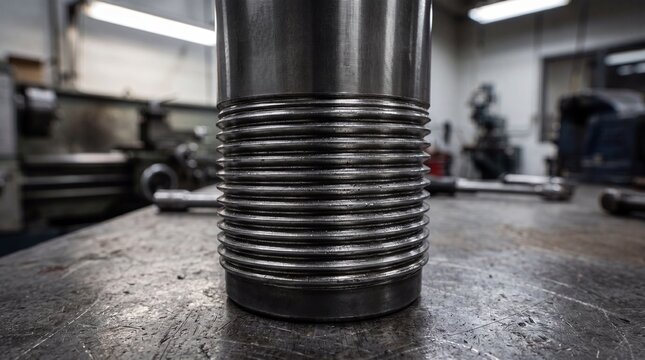 Detailed macro shot showing the threaded base of polished steel military weapon warhead shell structure