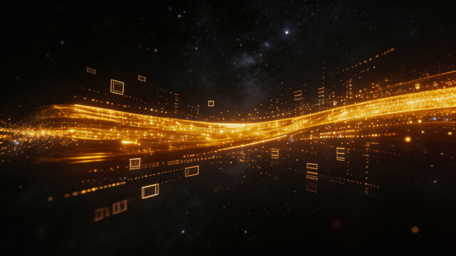 Golden data stream in abstract digital space with cosmic background