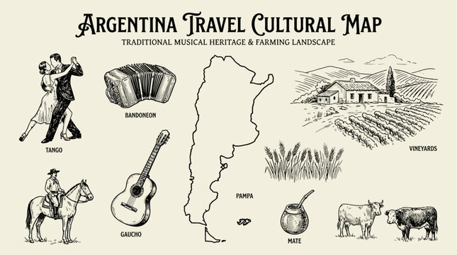 Minimalist Artistic Sketch of Argentina Map Featuring Traditional Cultural Musical Heritage and Folk Elements for Travel Souvenir Design with Hand-Drawn Illustration Style and South American Vibes