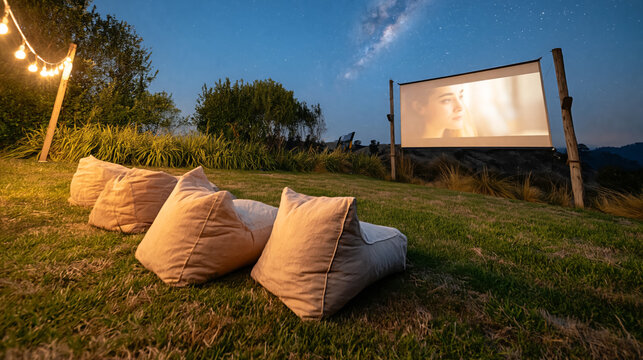 Outdoor movie night under milky way with screen and cozy seating in garden setting
