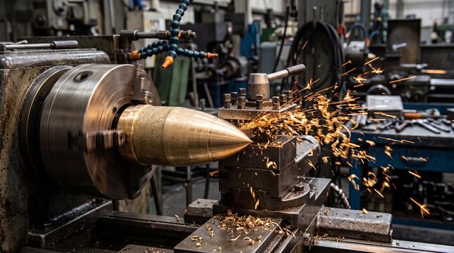 Specialized industrial lathe machine carving aerodynamic tip of solid brass projectile weapon component close up