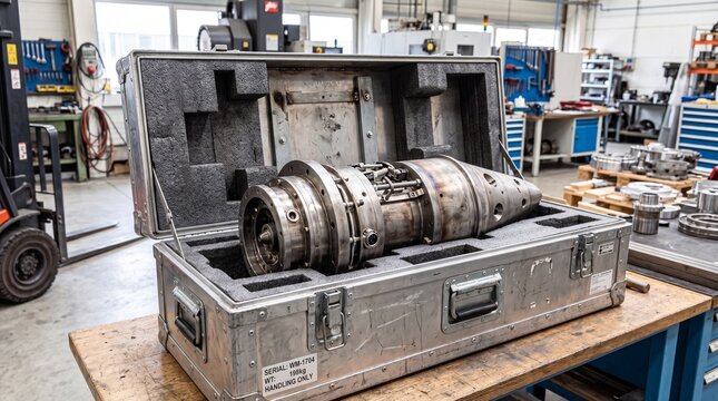 Rugged open metal crate holding unpolished raw alloy defense warhead module with secure protective cushioning