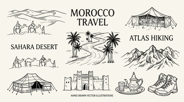 Minimalist Morocco Travel Sketch Featuring Scenic Sahara Desert Landscape with River Doodle Illustration and Traditional Moroccan Nature Elements for Artistic Tourism Design
