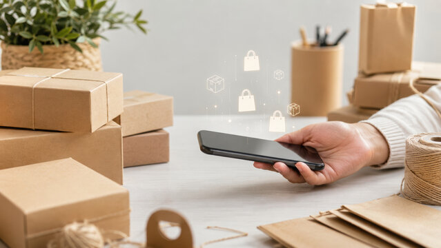 Small business owner using smartphone for online orders on Saturday surrounded by packages and twine in cozy workspace