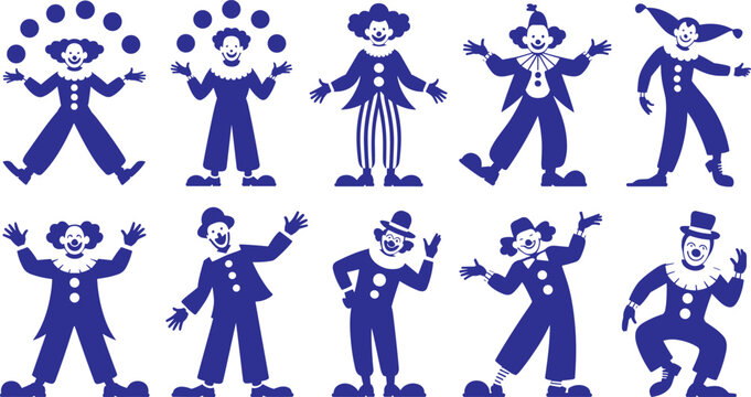 Collection of blue silhouette clown characters in various poses for entertainment design projects