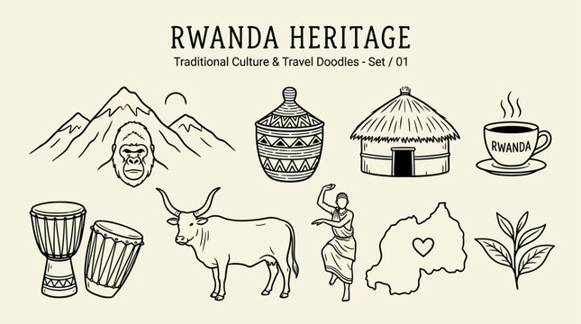 Hand-drawn minimalist Rwanda travel doodle collection featuring traditional African culture, inland heritage symbols, and artistic sketch elements representing the heart of Africa's spirit.