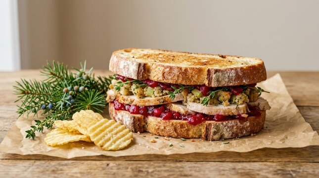 Generous Holiday Turkey Cranberry Stuffing Sandwich with Crisps on Rustic Table