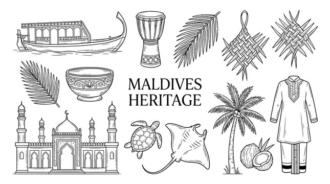 Collection of eighteen hand drawn minimalist line art icons representing traditional Maldives culture heritage and island symbols including dhoni boats coconut palms and ethnic patterns