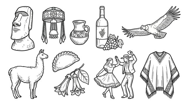 Fifteen Chilean cultural heritage icons and traditional symbols featuring hand-drawn minimal line art illustrations including national emblems, landmarks, and folk art doodles collection set.
