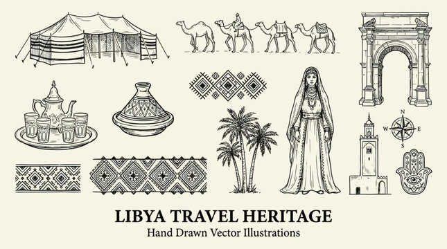 Minimalist Artistic Sketch of Traditional Libyan Heritage Icon Featuring Desert Travel Landmark and Cultural Doodle Element from the Middle Eastern Saharan Landscape in Hand Drawn Style