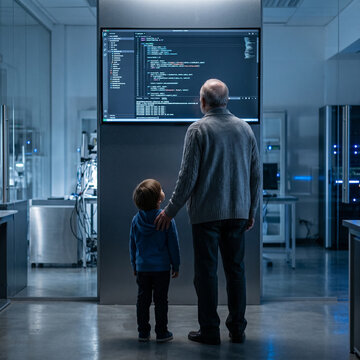 Grandfather and grandson observing computer code on large monitor in modern tech lab