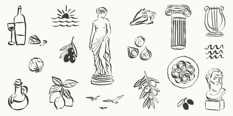 Naklejka premium Greek doodles with ancient Mediterranean elements hand drawn statue, column sketches and mythological symbols capturing the essence of timeless Greece art and culture. Line art Vector illustration