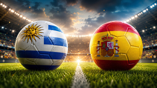 Uruguay vs Spain soccer match concept with national flag balls in illuminated stadium