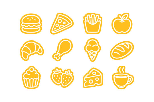 Assorted Fast Food Items on a White Background in Bright Line Art Style