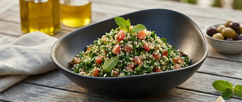 Tabbouleh salad with fresh parsley, tomatoes, and bulgur wheat in black bowl on wooden table with olive oil.