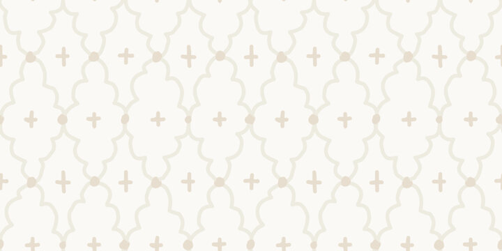 Seamless minimalist Moroccan trellis tile pattern with hand drawn cream lines on white
