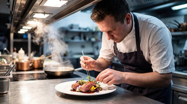 Chef plating gourmet dish in professional kitchen for fine dining experience