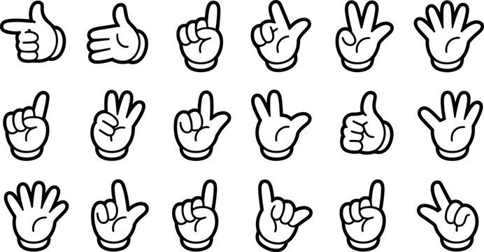Cartoon hand gestures collection black and white line art for graphic design and illustration