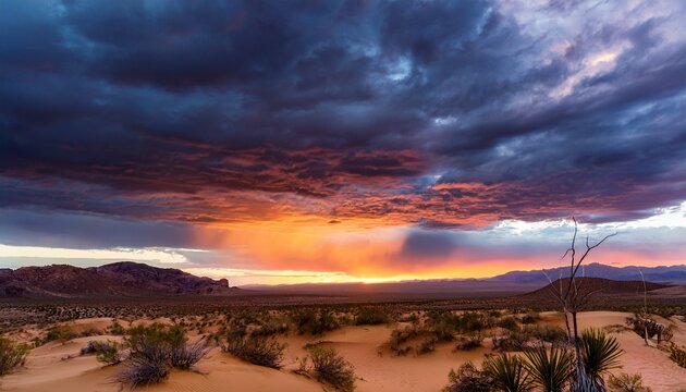 Sunset Over The Desert With Dramatic Storm Clouds