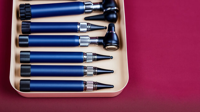 Medical otoscope set on red background for ent examination