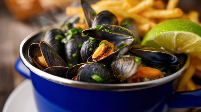Freshly steamed mussels with lime and fries in blue bowl