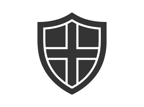 Dark Shield Icon with Cross Symbol - Security, Protection, Safety, Defense, Emblem