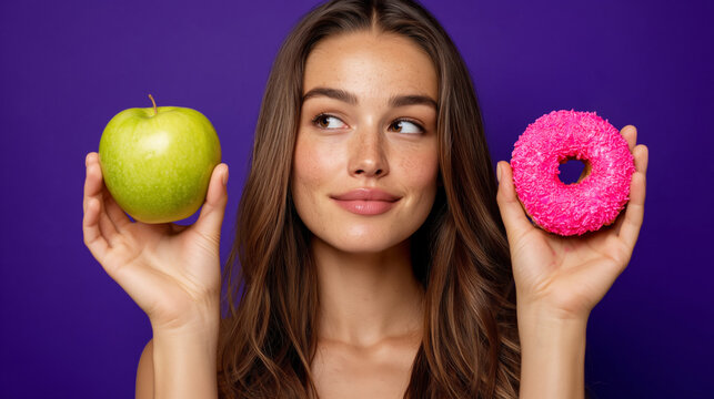 Young caucasian female contemplating healthy apple versus sugary pink donut on purple background