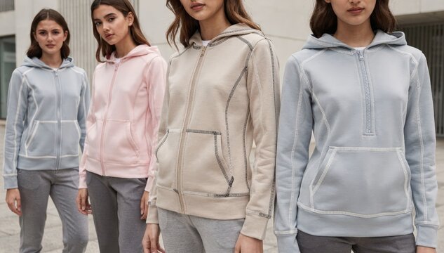Girls wearing stylish zipfront hoodies with detailed overlock and coverstitch seams emphasizing functional design and sporty casual wear.