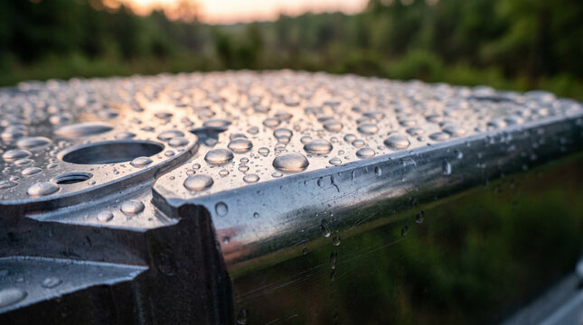 Raindrops on metallic surface with blurred forest background at sunset